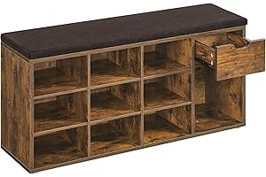 VASAGLE Panca Scarpiera, Panca Contenitore con Cassetto e Scomparti Aperti, Scaffale Portascarpe, Seduta Imbottita, Ingresso Camera da Letto, 30 x 104 x 48 cm, Marrone Vintage e Marrone LHS024T01
