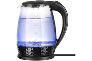 LEHMANN LHOEK-2220C - Bollitore elettrico in vetro, 2 l, 2200 W, bollitore elettrico in vetro, bollitore con serbatoio illuminato e base decorata, cottura rapida e grande capacità