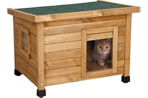 KERBL PET Casetta per gatti in legno Kerbl Rustica, porta a doghe, finestra in plexiglas, piedini in plastica regolabili in altezza, marrone/verde, 57 x 45 x 43 cm