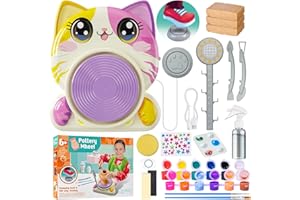 Roaxkois Elektrische Töpferscheibe für Kinder – DIY Töpferset mit Ton, Farben, Werkzeug, Schürze & Aufklebern – Mini-Töpferscheibe ab 6 Jahren, 2 Stufen, Katzendesign – Geschenk für Mädchen & Jungen