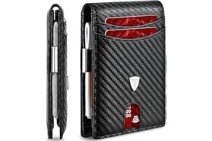 Tomylv Mens Wallets Slim RFID Blocking, Carbon Fiber Leather Wallet with 12 Credit Card Holder, Strong Money Clip & ID Window Minimalist Bi-Fold Wallets for Men UK with Gift Box (Black)