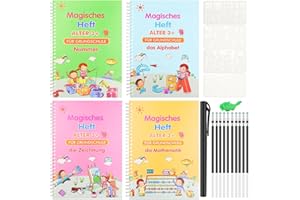 ‎KINKAOCIO kinkaocio 4 Stück Deutsch Magisches Heft mit Stift, Zeichenschablone, wiederverwendbare Handschrift Kalligraphie übungsheft für Kinder, Schreiben lernen Zahlen, Zeichnung, Mathe und Briefe