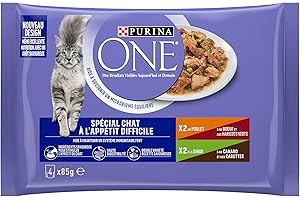 PURINA ONE | BIFENSIS | Chat Adulte à l'appétit difficile | Effilés en Sauce Haute digestibilité| Poulet & Boeuf aux haricots verts et Dinde & Canard aux carottes | Sachet Repas | Lot de 1 (4 x 85 g)