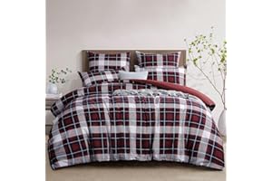 RUIKASI Pościel 220 x 240 cm, 3-częściowa, czerwona – poszwa na kołdrę w szkocką kratę, zestaw z mikrofibry, z zamkiem błyskawicznym, miękka i nie wymaga prasowania