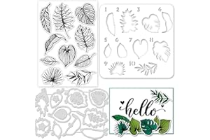 GLOBLELAND 3Pcs Layered Tropical Leaves Silicone Clear Stamps Metal Plant Cutting Die Cuts Paint Craft Stencils Template for Card Making and DIY Embossing Scrapbooking Craft Decor