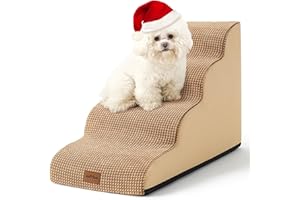 COZY KISS Dog Stairs for Small Dogs 19.7" H, Pet Step with Leakproof Cover, High Density Foam Cat Ramp for Bed, Couch or Sofa, Lightweight, Durable, Comfort, 15.7x28.3x19.7 inch, 4 Tiers, Light Brown