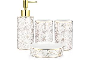 JTOOYS Juego de accesorios de baño, 4 piezas de accesorios de baño de cerámica, incluye 2 soportes para cepillos de dientes, vaso, dispensador de jabón líquido o loción de 300 ml y jabonera con patrón de