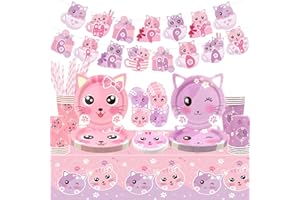 YWEDIIM Cat Birthday Party Supplies Set, Kitten Tableware Includes Happy Birthday Banner, Plates, Tablecloth, Cups, Balloon and Straws for Kids Cat Party Decorations, Serves 20 Guest (Style C)