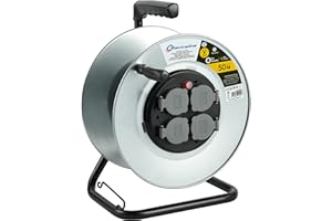 Electraline 94012 Profesjonalna metalowa rolka konstrukcyjna 4 gniazda IP44 bez prowadnicy kabla i ergonomicznego uchwytu, nadaje się do rękawic roboczych.