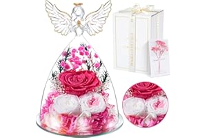 Touloube Rose Eternelle Cadeau Noel Femme, Fleur Préservées avec Ange Figurine, Idee Rosee Cadeau pour Elle, Maman Amie Épouse Sœur Mamie, Cadeaux Noel, Saint Valentin, Fete des Meres, Anniversaire