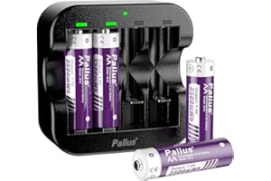 PALLUS Rechargeable AA Lithium Batteries, 1.5V 3500mWh Large Capacity 4 Pack, 1500 Cycles, 2 Hours Fast Charging,Double A with 4-Slot LED Charger, Suitable for Digital Cameras, Toys
