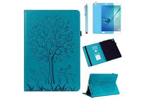 R.SHENGTE Étui de protection pour Samsung Galaxy Tab A 9,7" 2015 (SM-P550 SM-T550 SM-T555), en cuir synthétique souple, support pour cartes, support, avec stylet et film d'écran bleu arbre