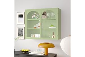 CELYA Retro Welle Glastür Wandschrank mit abnehmbaren Regalen, passend für Büros, Esszimmer, Wohnzimmer, Küchen und Badezimmer (grün（b）)