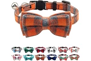 Joytale Obroża dla kota z dzwonkiem i muszką, szybkie odpinanie obroże bezpieczeństwa dla kociąt i kotów, miękka obroża w szkocką kratę, 1 opakowanie, pomarańczowa