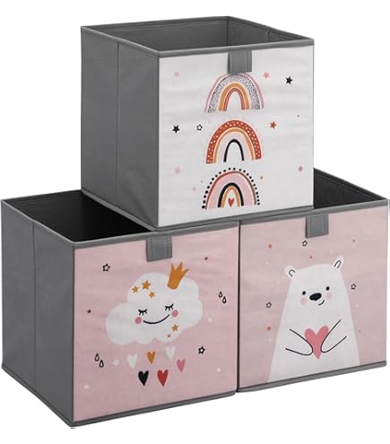 SONGMICS Pack of 3 Foldable Storage Box, Stackable Fabric Box with Magnetic Flap Lid for Children's Room, Toy Room, Space Motifs, Blue RLB700Q01