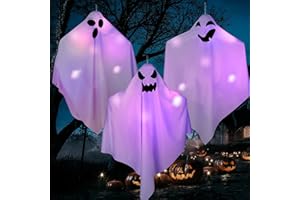 SACEMONTIC Decoracion Halloween,3PCS Luces de Halloween Decoracion Fantasmas Colgantes,8 Modos Luces Led Halloween Exterior Interior para Casa,Árbol,Porche,Patio,Jardín