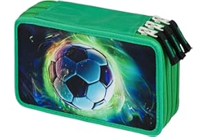 Baagl 3 Fach Federmäppchen für Jungen Mädchen, Schulmäppchen für Schreibwaren, Schulsachen Federtasche, Jungen Federmappe, Mäppchen für Schule (Fußball Ball)