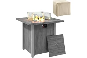 Outsunny Propane Gas Fire Pit Table for Garden, 40000 BTU Smokeless Firepit Outdoor Heater with Waterproof Cover, Glass Screen, Glass Beads and Lid, Wood Effect, 71 x 71 x 62.5cm, Dark Grey
