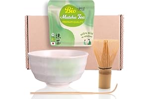 Goodwei BIO Matcha Juego de té japonés orgánico Vert Matcha con batidor de bambú, taza Matcha | Tazón artístico de Matcha | Caja de regalo (Shiro, sin Soporte Batidor)