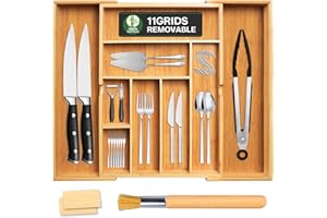 SAMISO Portaposate da Cassetto,Porta Posate Cucina Cassetto Regolabile,Porta Posate Cucina Bambù,8-11 Scomparti Vassoio da Posate Cucina,Separatore Cassetti Cucina per Cucchiai,Forchette e Coltelli