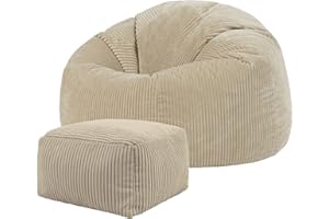 ‎ICON Icon Kingston Sitzsack mit Hocker Cord, Beige, Sitzsack Erwachsene mit Füllung, Bean Bag, Cord Sessel, Lounge Sessel, Lounge Stuhl, Schlafzimmer, Wohnzimmer, Wohnzimmer Möbel