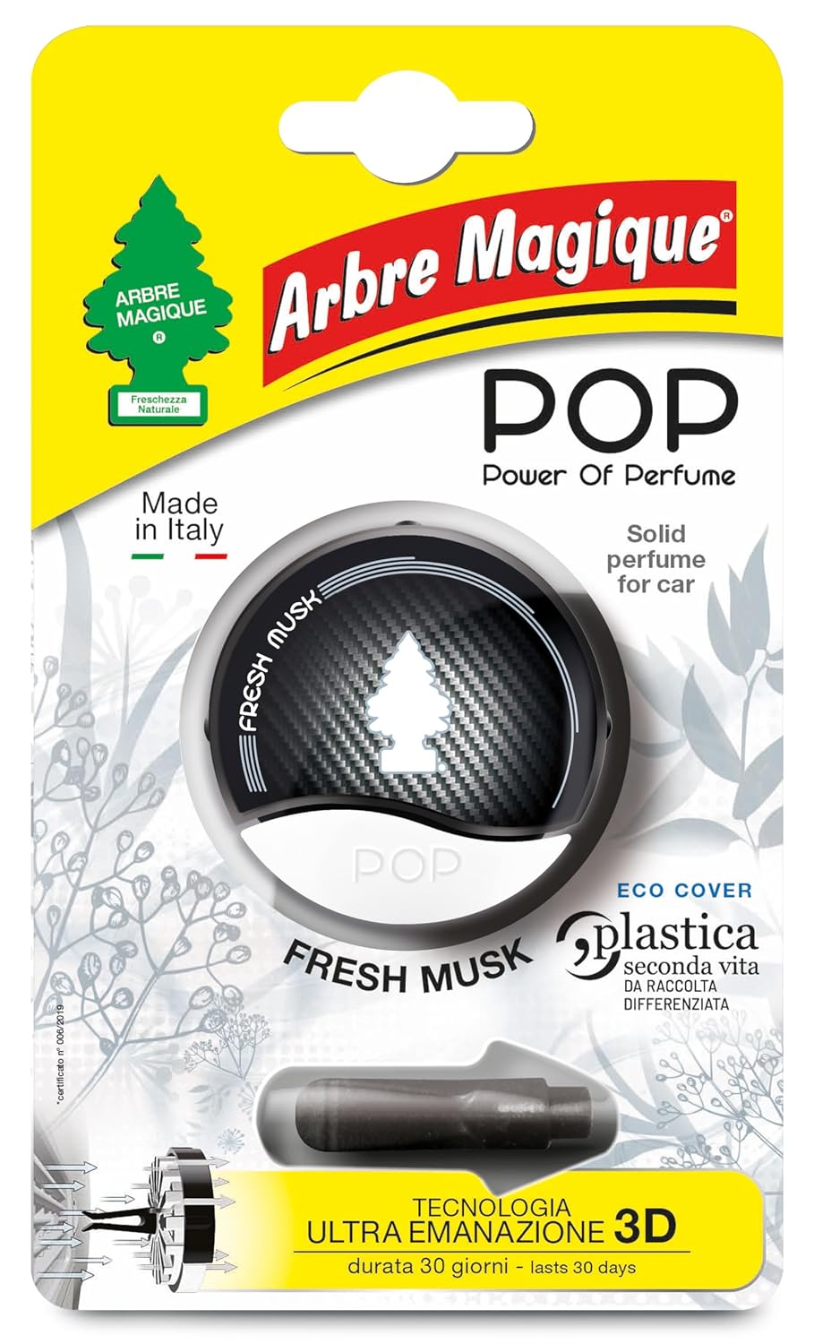 Arbre Magique POP, Profumatore Auto Solido, Fragranza Fresh Musk, Profumazione Morbida e Fresca, Durata Fino a 30 Giorni, Design Italiano, Confezione da 1 Pezzo