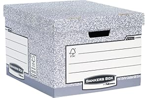BANKERS BOX 10 Large System Storage Box with Lids - Cardboard Storage Box with Lids for Office Storage - Archive Boxes with Handles - W38 x H28.7 x D43cm (Pack of 10) - Grey