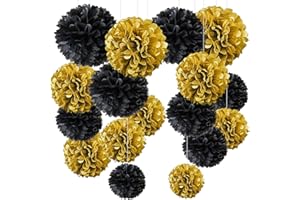 YBwanli Schwarzes Gold Pompons Deko 20 Stück, deko schwarz gold Seidenpapier Pom Poms, Neujahr Silvester Deko, Abschlussdekorationen,Junggesellinnenabschiede, Geburtstagsdekoration,bachelor deko