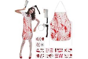 Beipegin Déguisement Boucher Tablier Boucher Sanglante Couteau Cicatrices Tatouages Serre Tete Halloween Déguisement Zombie Costume Halloween Homme Femme