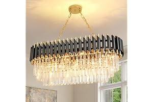 AOOCHOK Lampadario a sospensione in cristallo nero e oro, lampadario moderno ovale in cristallo per soggiorno, sala da pranzo, camera da letto, ristorante, E14 x 8, 80 x 35cm