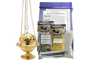 ‎NATURHEILMITTEL HEILSTEINE METHUSALEM GMBH NEU-ULM Weihrauchbrenner Räucherfass Weihrauchfass mit Einsatzschale und Kette Messing. Räuchergefäß zum hängen und schwenken. 2 x Räucherwerk Weihrauch & Hausreinigung. 8-TLG Set. 7 x Zubehör. 82001-4