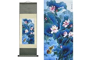 Valart Rollbild aus Seide Asiatische WanddekorationSeidenmalerei Blumen - Lotus Diagramm Schön Chinesische Kunstwandrolle Hängende Bildrolle Orientalisches Dekor (92 x 30 cm)