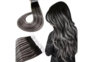 ‎HETTO Hetto Tape in Extensions Echthaar Schwarz Silber 60CM Tape Extensions Glatt Echthaar Tape in Extensions Remy Tape Extensions Echthaar Balayage Schwarz Silber #1B/Silver/1B 50g