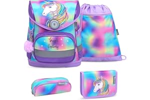 Belmil ergonomischer Schulranzen Set 4 -teilig für Mädchen 1-4 Klasse Grundschule/Brustgurt/Magnetverschluss (405-41 Rainbow Color)