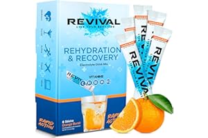 REVIVAL SHOTS Revival Rapid Rehydration, Electrolytes Powder - High Strength Vitamin C, B1, B3, B5, B12 Supplement Sachet Drink, Effervescent Electrolyte Hydration Tablets - 6 Pack Orange