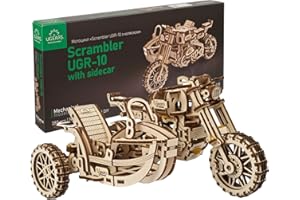 UGEARS Motocicleta con Sidecar Rompecabezas 3D - Regalo del Día del Padre UGR-10 Motocicleta Scrambler Kits de Modelos de Madera para Adultos para Construir - Diseño Retro Sidecar Motocicleta Modelo