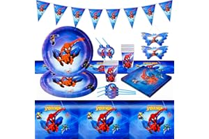 Dekewe 62Pcs Spiderman Party Decorations, Superhero Birthday Decorations Party Tableware Set Party Supplies Party Paper Plates Tablecloth Cups Birthday Pennant Napkins for Kids Party (10 Guests), Red
