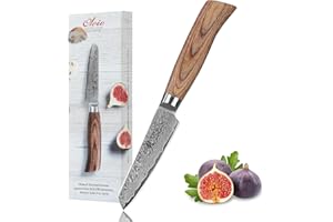 WAKOLI Edib Pro Couteau d'office en Damas I Lame tranchante de 10 cm en acier damassé à 67 couches avec noyau VG10 et manche en bois de pakka I Couteau de cuisine professionnel & couteau damassé