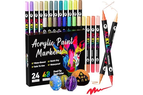 Patamiyar Feutre Acrylique, 48 Couleurs Marqueurs Peinture Acrylique pour Roche, Marqueur Permanent pour Pierres Bois Verre Toile Papier Céramique DIY