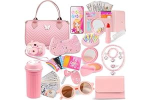 VICTERR Borsa Bambina con Accessori, Borsetta Bimba Giochi con Trucchi Bambina, Portafoglio, Telefono Giocattolo, Bottiglia, Gioielli, Maschera per Gli Occhi, Compleanno Natale Regalo per Bambine 3-8 Anni