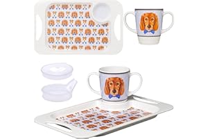 Rosa Lifestyle Dog Two Handled Melamine Mug, Lids & Serving Tray Set (400ml/14oz) Mug Capacity Tray (33.8cmx20.6cm) Lightweight Mobility Aid for Elderly Gift Set (Dog)