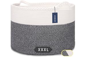 COMSE Extra Large Blanket Basket, Woven Laundry Basket, 55 x 35 CM, Nursery Hamper, Cotton Rope Laundry Hamper Living Room for Storage Toys Clothes Towels, White/Black