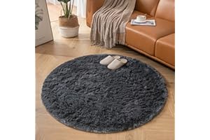 CHOSHOME Round Rug - Grey Fluffy Bedroom & Living Room Decor - 120CM Non Slip Washable Soft Carpet Shaggy Area Mat for Kids Room Indoor Floor