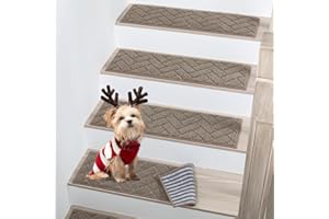 BEQHAUSE Stair Treads, 15 pcs Anti Slip Stair Treads, 22x70cm Stairs Carpet Tread for Elders, Kids, Dogs, Machine Washable Stair Pads, Beige