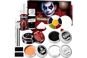KENVORA Maquillaje Halloween Profesional Kit - Pinturas Cara Halloween Makeup, Spray Sangre Falsa+Plasma Coagulado+Látex+Paleta de Maquillaje de 6 Colores+Cera Cicatrices+Maquillaje Payaso(Negro, Blanco)