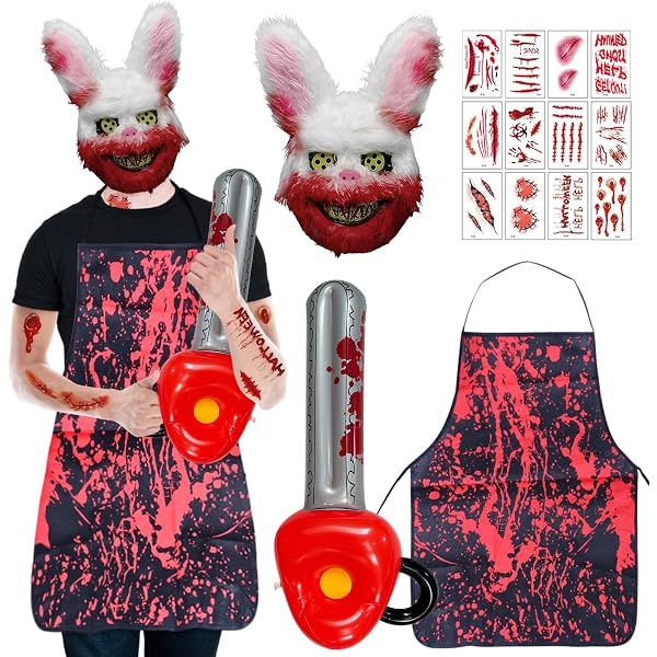 Costume Ours Horreur Halloween - Masque, Tablier, Hache, Faux Sang, Tatouages Temporaires (adulte)