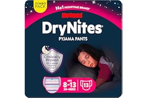 Huggies DryNites Bragas absorbentes para niña 8-13 (30-48kg), Clínicamente probado con 5 capas de máxima protección nocturna, 13 pañales de noche