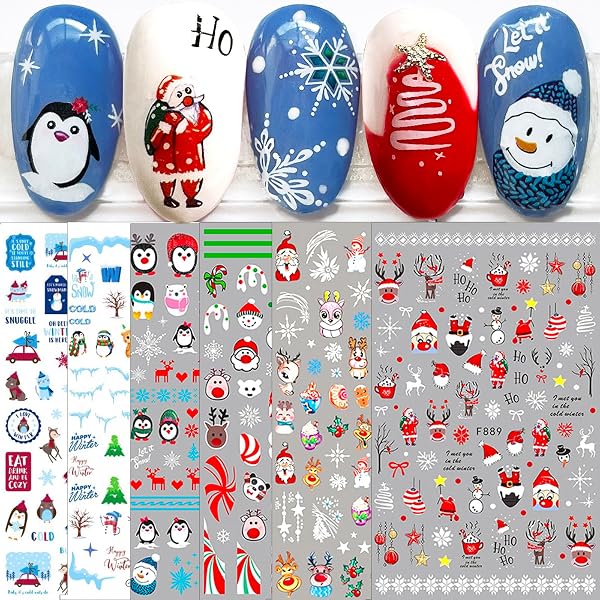 Weihnachts-Nagelsticker Set - 10 Blätter, Selbstklebend, Mit Schneeflocke & Rentier Design