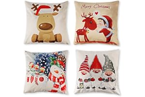 Agoer - Set di 4 federe per cuscino decorativo in cotone e lino, per Natale, Babbo Natale, renna, elfo, pupazzo di neve, 45 x 45 cm