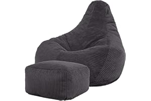 ‎ICON Icon Dalton Sitzsack mit Hocker Cord, Dunkelgrau, Gaming Sitzsack Erwachsene mit Füllung, Bean Bag, Cord Sessel, Lounge Sessel, Lounge Stuhl, Schlafzimmer, Wohnzimmer, Wohnzimmer Möbel